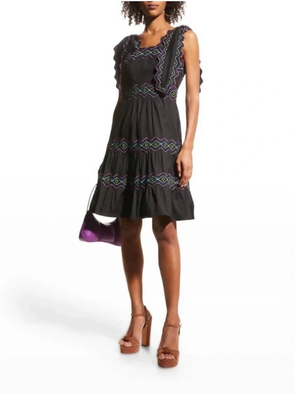 CeliaB Umi Black Sleeveless Tiered Dress with Multicolor Embroidery